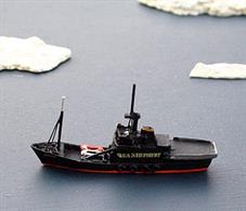 A 1/1250 scale model of the Steve Irwin named after the Australian adventurer (ex-Robert Hunter, ex-Westray). This British-built former Scottish fishery protection vessel patrols the Southern Ocean flying a skull and crossbones.