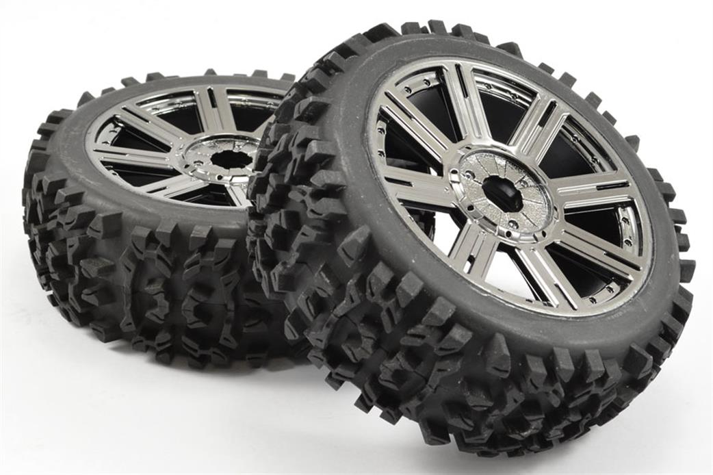 Fastrax 1/8 FAST1005BC Maze Block Mounted Tyre Mounted on 8 Spoke Black Chrome Wheels 1 Pair
