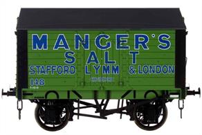 A finely detailed model of a covered salt van built to the RCH 1887 design specification for the Manger's Salt company of Stafford, Lymm and London, their fleet number 148.
