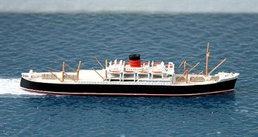 Media was built in 1947 for the Liverpool - New York service as a combination passenger/cargo ship, she and her sister Parthia carried 250 first class only passengers plus freight on leisurely trips across the Atlantic. The model is made and painted by Albatros SM, AL252