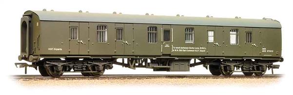 Model of a BR Mk.1 design BG gangwayed full brake coach with guards' office and hand brake in service with one of the BR engineering departments.The railway engineers departments were divided into areas of specialisation, principally mechanical (locomotives &amp; rolling stock), civil (track and infrastructure) and signal &amp; telegraph (signalling and communications). Each department used spare coaching stock for a range of purposes, from moving stores to mobile workshops. Vehicles fitted with hand brakes were the first choice as these coaches would often be stored during the week and these vehicles could also be used as both barrier coaches and as guards' vans for moving other vehicles between depots and repair works.