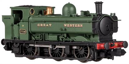 A detailed N gauge model of the Great Western 57xx class pannier tank locomotives finished as 7718 in Great Western green livery lettered GREAT WESTERN.Chassis incorporates a 6-pin DCC decoder socket. Dapol magnetic couplers and standard N gauge couplers are supplied along with a bag of spares and fine details for further optional detailing.