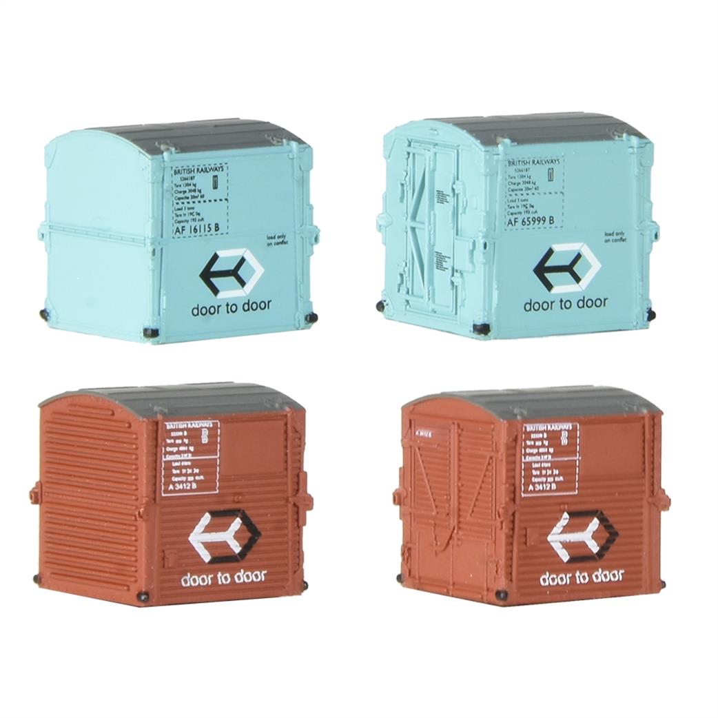 Graham Farish N 379-392 Pack of 4 BR Type A Containers. 2 Bauxite 2 Light Blue