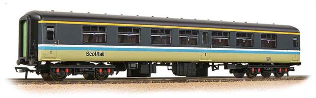 Developed in the mid-1960s the BR Mk2 coach introduced integral construction techniques, combining the strength previously provided by a heavy underframe into the bodyshell. Many innovative features were also tried, in many cases the first significant step forward in railway coach design since the Victorian era.Bachmanns' model reflects the styling of these coaches, capturing the appearance of the curved sides and smooth blending of the side and end panels. This model of the first class side corridor version of the initial Mk.2 design is painted in the corporate blue and grey livery.Eras 6-7