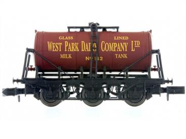 A 6-wheel milk tank wagons from the fleet of the West Park Dairy Company. The chocolate brown liveried tanks of this company are especially attractive.These distinctive tank wagons could be attached to express passenger trains to swiftly convey fresh milk to London. Often working a dialy round trip from country dairy to London and back these wagons are ideal extra traffic for your branch and local passenger trains.(OO model shown in photograph)