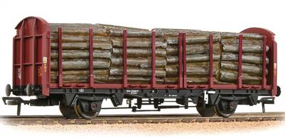 A model of the OTA stake-sided timber carrier wagon, rebuilt from a VDA box van, painted in Railfreight red livery.
