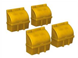 Scenecraft 44-546 00 Gauge Roadside Grit BoxesPack of 4 of the familiar yellow roadside grit boxes.These are now appearing at many railway stations for gritting platforms, bridges&nbsp;and foot crossings.Measures 10mm x 10mm x 10mm