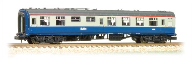 An excellent N gauge mdel of the minature buffet coach, a common design providing&nbsp;refreshment services on many secondary and cross-country trains. The neatly detailed Graham Farish model includes interior seating with tables.