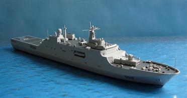 A 1/1250 scale metal, fully assembled and painted waterline model of Kunlun Shan, one of the Wudeng class (class 071) dock landing ships of the PLAN of China.