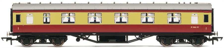 Hornbys' new LMS Stanier design first class corridor coach painted in the early BR crimson &amp; cream livery.
