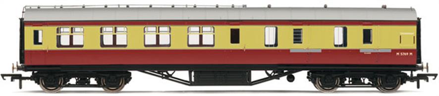 Hornbys' new LMS Stanier design secondï¿½class corridor brake coach painted in the early BR crimson &amp; cream livery.