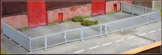 Typical modern security fencing panels with posts and footing. Each pack contains straight fence panels, a double (road) gate and a side (pedestrian) gate. These can be assembled in many different configurations to suit your requirements.This is a pack of 2 sprues, each containing approx 50cm of fencing with gates.