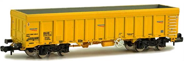 The IOA high sided open wagons form part of the fleet of ballast carriers used by Network Rail.Model painted in the engineers yellow livery with Network Rail lettering as number 70 5992 118-7.
