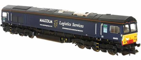 A detailed model of DRS owned class 66 number 66405 finished in Malcolm Logistics blue livery.