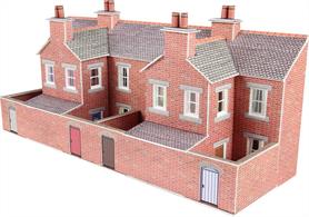 Pre-cut colour printed Metcalfe card kit PN176 for a row of brick-built terraced house backs and back yards. Whilst travelling by train invariably you'll see rows of back yards of the houses lining the route, so these low-relief terraced house backs are perfect for placing alongside the line on a layout, forming part of the backscene. Each of these N scale kits contains two pairs of backs, complete with the yard, single story extension, walls and gates, etc.