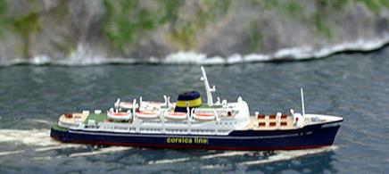 Corsica Express modelled in 1/1250 scale in a revised livery with the company name on the hull. This is a fully finished and painted metal collector's model of the Mediterranean ferry.