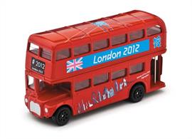 A model of one of the Londons' best known icons, the Routemaster double-decker bus.Specially liveried for the London 2012 Olympic games this Corgi TY82319 diecast Routemaster bus carries an outline union flag on its roof with London 2012 advertising on the top deck and outline images London landmarks on the lower deck sides.Length 120mmLondon 2012 official licensed product.