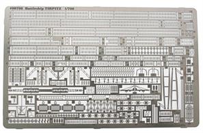 Revell 1/700 Photoetched Parts German WW2 Battleship Tirpitz 00708Photo etched detail set for the Revell Tirpitz kit. Includes railings, fine latice mast framework, crane and radar parts.