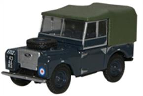 Oxford Diecast Land Rover Series 1 80" Canvas RAF 1/76 ScaleThe Land Rover, launched in 1948, was an instant hit and continues to be the workhorse for anyone involved in heavy duty, rural or off-road environment. Its use extended to public bodies as well.This model as used by the RAF from the late 1940s to the 1970s,is complete with RAF military number plate and the RAF roundel on the offside front wing. It looks particularly smart painted in RAF blue-grey with the striking contrast of chrome grille, bumpers, window surrounds and door hinges. The canvas back is in a realistic drab olive green.        