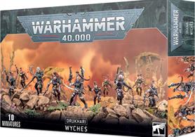 This box set contains 10 multi-part plastic Drukhari Wyches. This 92-piece set includes: 14 different heads, 10 different bodies (six female variants and four male variants). Also included are all of the weapon options listed in Codex: Dark Eldar, including: a razorflail, a blast pistol, a shardnet, a power weapon and an impaler. Models supplied with 25mm round bases.
