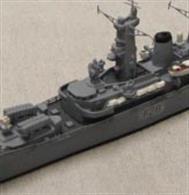 Fine resin kit of the Royal Navy's F28 HMS Cleopatra, Leander class frigate converted to carry Exocet missiles. Length 160mm Width 20mm Height approx 30mm.