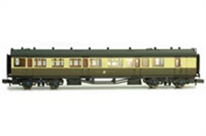 A highly detailed model of the Collett design corridor coaches built in the 1930s. The fittings of the real coaches are moulded or added as separate parts, right down to the end grab rails, riveted roof panels and very fine roof vents. The body if completed with interior detailing and neatly reproduced lettering.Collett Brake Composite coach 6537 with 1st and 3rd class compartments, plus guards' office and luggage van.These brake composite coaches are very useful, providing a full range of accomodation these coaches were regularly used as 'through' coaches. The through coach was shunted between mainline expresses and connecting trains, providing direct services to remote to branch-line destinations and between cities served by the GWR and other companies without passengers needing to change trains.
