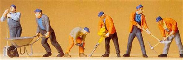 Pack of 6 O gauge track maintenance workers, most wearing high-visibility clothing.