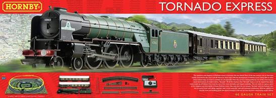 Hornby Tornado Express Train Set includes Hornby's model of the A1 class locomotive 60163 Tornado with a train of two Pullman coaches.The train set is completed with an oval of track with a point to add a siding, a DC train speed controller with UK plug-in power adapter and printed scenic Trackmat.