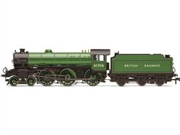 Hornby's detailed model of the Thompson B1 class 4-6-0 mixed traffic locomotives returns in 2024 finished as 61306 Mayflower in LNER apple green livery lettered BRITISH RAILWAYS.DCC ready model with 21 pin decoder connection.