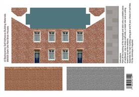 Pack of four self-adhesive sheets each with two half-relief terraced houses built in a light red brick. A choice of red tiled or grey slate roof is supplied, along with a section of roadside pavement.Each sheet has two houses with end walls, these can be assembled as a semi-detached pair, or the sheet can be arranged with another pair of houses to make a longer terrace. A set of 8 modern shop frontages is supplied to convert the houses into a rank of shops.