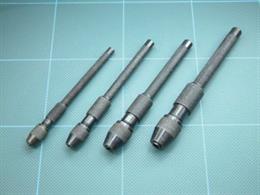 Set of 4 pin vices in a wallet covering drill sizes from zero to 4.5mmOverall length 100mm.Please note : The largest vice will accomodate up to 4.5mm drill only, not as shown in the Expo 2015 catalogue.