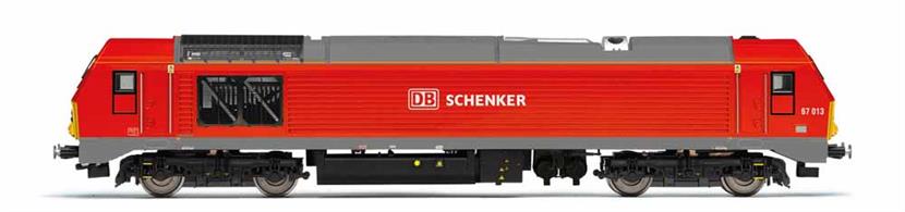 Hornby Railways R3574 OO Gauge DB Schenker 67013 Class 67 Bo-Bo Mixed Traffic Diesel Locomotive DBS Red LiveryThis model features see-through etched grilles, a highly detailed bodyshell, with matching levels of detail applied to the underframe and bogies, switchable LED directional lighting to replicate day and night lighting configurations and a heavy diecast chassis providing drive to all axles.DCC Ready. 8-pin decoder required for DCC operation.