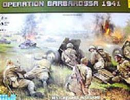 In 1941 German ground and air forces launched Operation Barborossa, the invasion of Soviet Russia.Initially unprepared the Russians were rolled back by the well-practiced German Blitzkrieg, but when stopped the German army found it difficult to regain momentum in the face of building and better equiped opposition.This game allows several phases of Operation Barborossa to be recreated using scale models to represent the forces and units involved. The box includes 24 kits, plinths, board game, Cards, Dice and rules.Zvezda have chosen to mix scales to best represent different force units. Infantry and field guns are 1/72 scale, armoured vehicles and tanks at 1/100 scale and aircraft are 1/144 scale models.