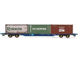 The Hornby KFA wagon is fully die-cast, with some separately fitted details on the chassis enhancing the level of detail achieved with what can sometimes be seen as quite a plain wagon. Studs on the chassis allow for the fitting of modular containers both included with the set and available separately. This KFA container wagon model has a load of two 20’ containers and one 20’ tanktainer.
