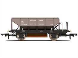 This NE Scottish Area Hopper wagon model features box sections in the vertical ribs. The hook couplings enable easier coupling of other rolling stock and locomotives on your layout. Stanchions support the wagon. A handbrake wheel is also featured. A legend stating ‘Empty to Cowlairs’ reflects these wagons emptying their ballast load at Cowlairs. This model comes in an LNER NE Scottish Area livery.