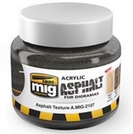 AMMO has created this new asphalt textured product with a unique and distinct formula which allows us to produce great finishes, almost lifelike in nature, for our dioramas and small scenes.The product is ready to use and has an acrylic base, which makes it easy to use. It can be applied to small and large scenery surfaces using very different styles of tools and can also be mixed with other materials like pigments to create amazingly realistic effects. Ideal texture for a range of scales from 1/16 to 1/48. If the effect is deemed to coarse, you can lightly sand the surface once the product has dried, easily creating the desired effect.Water soluble, odourless, and non-toxic.