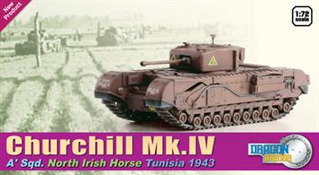 Dragon Armor British Churchill MK.IV A Squadron North Irish Horse Tunisa 19431/72 ScaleDragon Armor have announced a fantastic 1/72 scale rendition of the Churchill Mk IV. The accurate miniature model depicts a tank from A Squadron of the North Irish Horse serving in Tunisia in 1943. The North Irish Horse of the British Army landed in Algiers in February 1943 as part of Operation Torch. One of the famous battles was when the unit’s Churchills climbed 'unscalable' heights at Djebel Rhar and helped overcome Afrika Korps troops there. The model’s finished in an unusual, but typical of the period, coat of khaki brown paint. This colour was known officially as Standard Camouflage Colour 2 (S.C.C. No.2) and the vehicle still carries its ship movement stencils. For modellers wishing to strengthen their British tank regiments, this North African Churchill is a must-have item