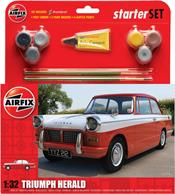 Airfix 1/32 Triumph Herald Starter Set 55201This kit includes six Humbrol acrylic paints, two paint brushes precision glue.Number of parts 72.Model dimensions Length 122mm - width 44mm.Comes with glue and paints to assemble and complete the model.