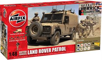 Airfix 1/48 British Forces Landrover Patrol Gift Set A50121Ground troops from the British Army or Marines transport themselves in areas of less risk in Land Rovers of this design. They are used for carrying light, but powerful armaments, supplies and other support needs. Putting together the Land Rover and the patrolling troops make for a superb joint model ideal for a diorama. Comes with glue and paints to assemble and complete the model. 