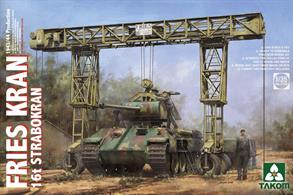 Fries Kran 16t Strabokran 02109 is a 1/35th scale model of a  mobile gantry crane built by J.S. Fries Sohn and used by German Army tank repair units in World War II.The crane can be built in operational mode or transport mode. Choice of 4 markings. Tank &amp; figures not included.