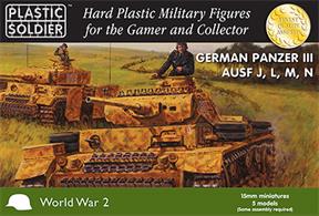 Easy Assembly plastic injection moulded 15mm German Panzer III Ausf J, L, M, N tank. Five vehicles in the box and each sprue gives options to build either an early J, late J, M, N or Flammpanzer and comes with 2 crew figures, schurzen and a variety of stowage