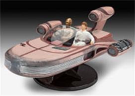 Easy build model kit of the renowned Landspeeder. A repulsor generator allows it to hover. The vehicle is piloted via a steering wheel which regulates the airflow of the lateral turbines, thus setting the flight direction.- two-part fuselage- separate heat outlet slots- display stand Model Length 243mm