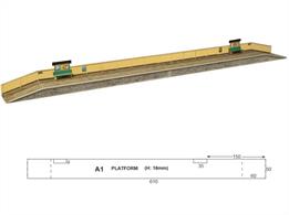 A simple design of a lineside platform with ramps at either end and edged with a paneled fence. This image shows the Country Station Building fixed in place. The platform can be extended by incorporating other A1 kits.Length 610mm (approx 2 feet) including end ramps.