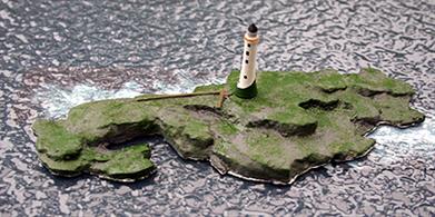 Inchcape rock with Bell Rock lighthouse is a 1/1250 scale model. The bi-centenary of the most famous lighthouse off the Scottish coast was in 2011 and this model shows the lighthouse at dead low water with the dreaded Inchcape Reef exposed.