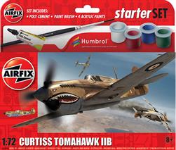 Airfix 1/72 Curtis Tomahawk Gift Set A55101The P40, in its various incarnations, served in the United States Army Air Force throughout the Second World War, fighting in Europe, across Asia and in the deserts of North Africa. The first model to see active service, the P40B proved to be an effective and tough low-level fighter, able to withstand heavy enemy fire and bring its pilot home safely. Paint Scheme - Curtiss Tomahawk IIB, Flown by Pilot Officer Neville Duke, No.112 Squadron, Fort Maddalena, Libya, 1941 Airfix Starter Sets are ideal for beginners. Each Small Starter Set includes glue, brush and four acrylic paints - all that is needed to complete a fabulous first kit!