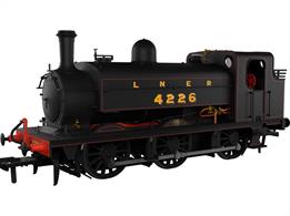 Model of LNER class J52 locomotive 4226 ex-Great Northern Railway 0-6-0ST saddle tank shunting engine finished in LNER black with red lining.This Rapido Trains model has been carefully designed from works drawings and historical images to allow a wide range of options to be produced covering the long lives of thee distinctive engines. The chassis features a smooth-running mechanism, factory-installed speaker and a warming firebox glow