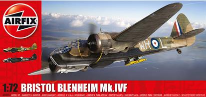 Airfix brings you A04017 a 1/72nd scale plastic kit of the RAf's Bristol Blenheim MKIVF fighter.An improved version with more protective armour, the long-range fighter versions were armed with four 0.303 inch (7.7 mm) machine guns in a special gun pack under the fuselage. About 60 Blenheim Mk IVs were converted into Mk IVF fighters.Glue and paints are required to assemble