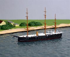 This is a 1/1250 scale model from a 3-D printed master of HMS Hector, part of the Black Battlefleet of ironclad warships was a development of the Defence-class armoured frigates. Hector was completed in 1864 but her sister, Valiant, was delayed by her builder's bankrupcy and entered service 1n 1868.