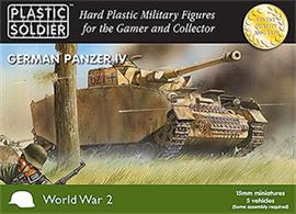Easy Assembly plastic injection moulded 15mm German Panzer IV tank. Five vehicles in the box and each sprue gives options to build either a F1, F2, G or H version and comes with 2 commander figures* Now with one piece track option, in additon to existing detailed 3 part track units 