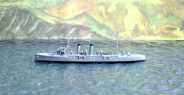 Another third-class cruiser. This one was too weak to fight and too slow to run away from Koenigsberg off Zanzibar and was sunk on 20.9.1914. The name was re-used for a seaplane carrier later in the war.There were 11 ships in this class and half had been withdrawn from active service before the start of WW1. Two served in the Royal Australian Navy during WW1.